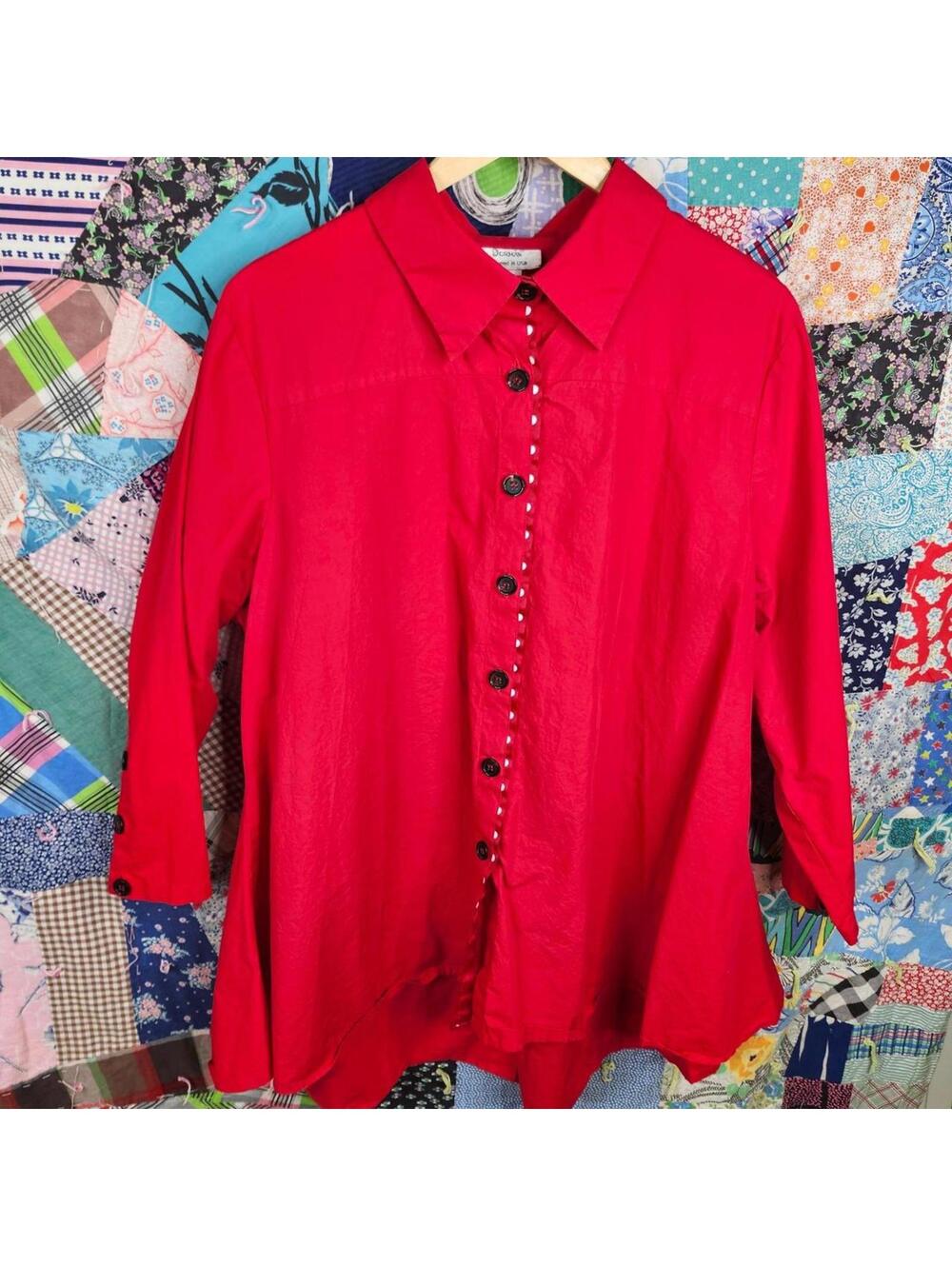 Dorman Women's Vintage Red Button-Up Blouse Black Buttons White Trim XLarge